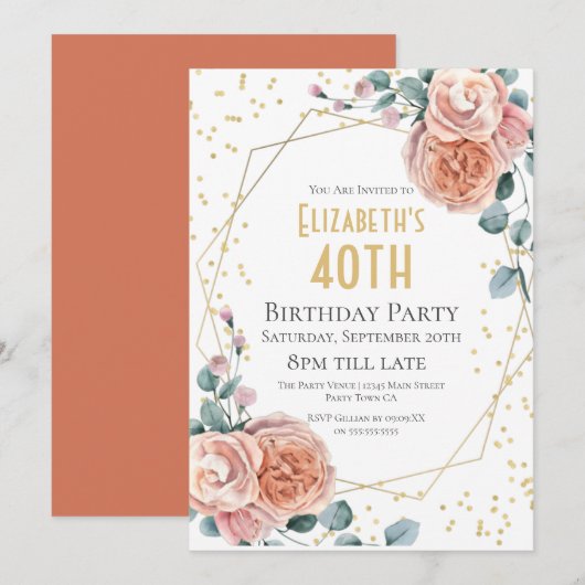 Invitation Rose & Eucalyptus Floral 40e fête d'anniversaire (Devant / Derrière)