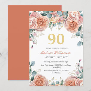 Invitation Rose & Eucalyptus Floral 90e fête d'anniversaire
