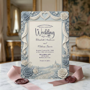 Invitation Rose Fausse En Relief Dusty Blue Élégante Victorie