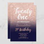 Invitation Rose faux or, faux parties scintillant bleu marine<br><div class="desc">Faux rose or parties scintillant ombre sur bleu marine 21e anniversaire Une invitation moderne à la fête du 21e anniversaire avec invitation à la parties scintillant d'or en faux rose moderne, originale et simple, et une typographie manuscrite de style brosse sur un arrière - plan bleu marine entièrement personnalisable. Si...</div>