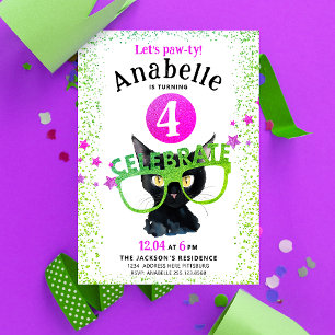 Invitation Rose Féminin Vert Chat Noir Patte Paillettes Aquar
