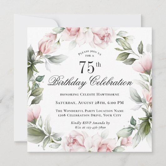 Invitation Rose féminine 75e fête d'anniversaire (Devant)