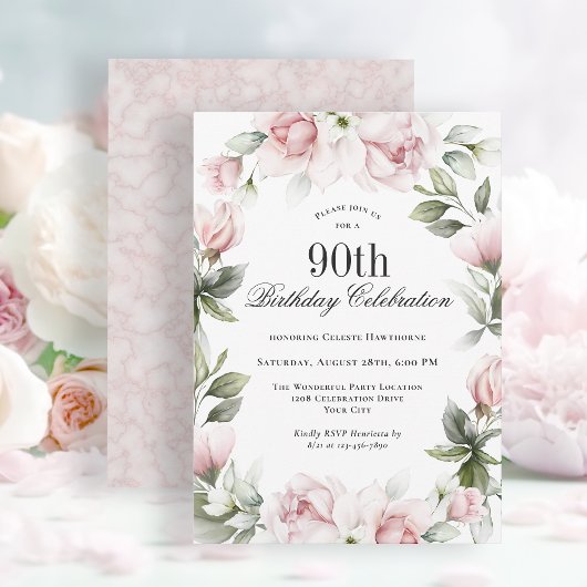 Invitation Rose féminine 90e fête d'anniversaire