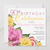 Invitation Rose | Fête du 90e anniversaire de la florale jaun (Devant)