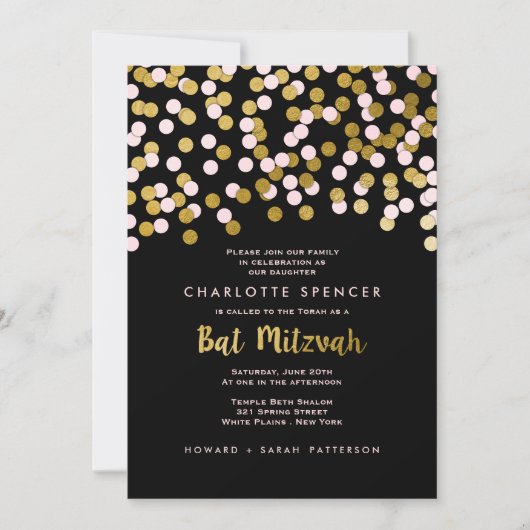 Invitation Rose | Fête du Bat mitzvah Gold Confetti (Devant)
