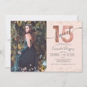 Invitation Rose feuille d'or confetti photo blush Quinceanera (Devant)