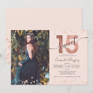 Invitation Rose feuille d'or confetti photo blush Quinceanera
