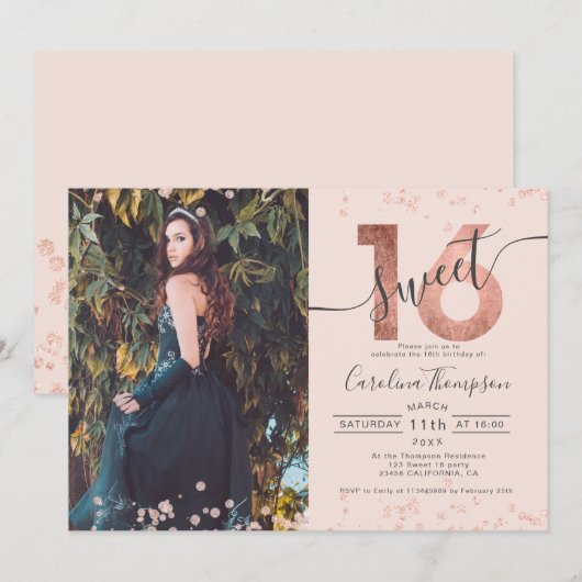 Invitation Rose feuille d'or confetti photo blush Sweet 16 (Devant / Derrière)