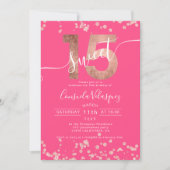 Invitation Rose feuille d'or confetti rose Quinceanera photo (Devant)