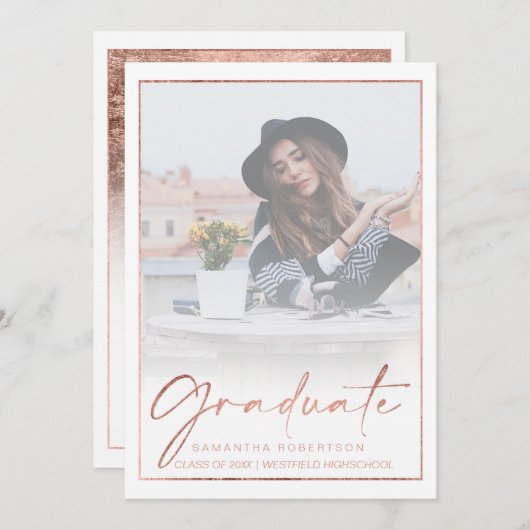 Invitation Rose feuille d'or frontière calligraphie photo gra (Devant / Derrière)