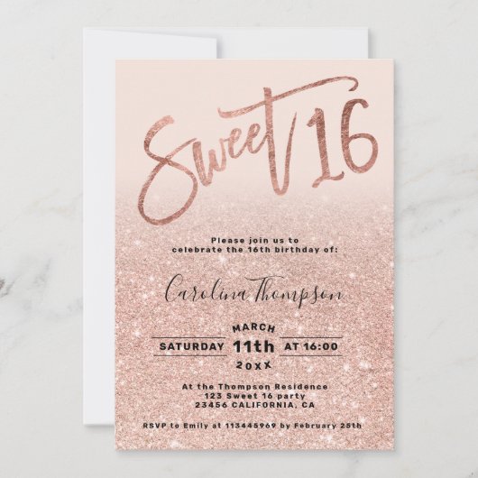 Invitation Rose feuille d'or parties scintillant script blush (Devant)