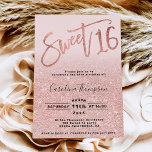 Invitation Rose feuille d'or parties scintillant script blush<br><div class="desc">Une parties scintillant d'or rose moderne, chic et élégant à l'ombre douce 16 anniversaire en feuille d'or invitation avec une typographie moderne 16 avec feuille d'or rose et parties scintillant scintillante sur un arrière - plan rose pastel éditable. Ajoutez votre photo à l'arrière ou laissez un arrière - plan rose....</div>