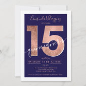 Invitation Rose feuille d'or script marine bleu quinceanera p (Devant)