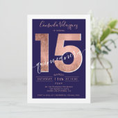 Invitation Rose feuille d'or script marine bleu quinceanera p (Debout devant)