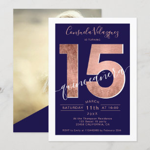 Invitation Rose feuille d'or script marine bleu quinceanera p