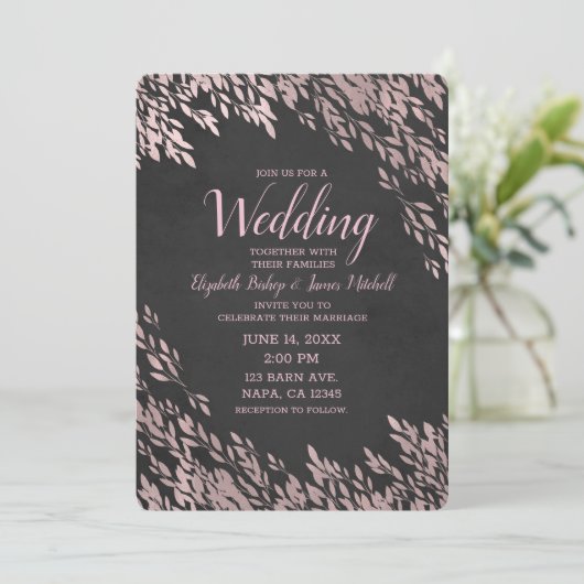 Invitation Rose Feuilles or Noir Chalk Chic Rustique Mariage (Debout devant)