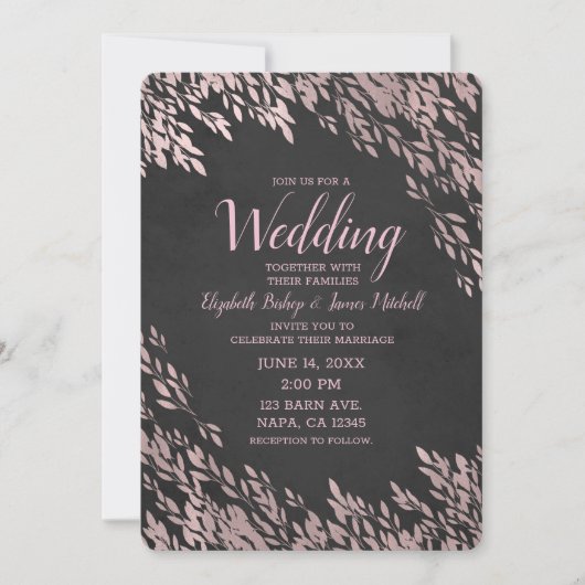 Invitation Rose Feuilles or Noir Chalk Chic Rustique Mariage (Devant)