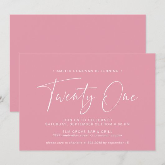 Invitation Rose fille | Script moderne mignon 21e anniversair (Devant / Derrière)