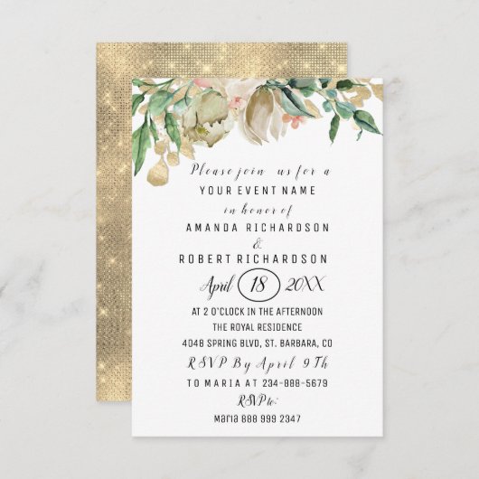 Invitation Rose Fleur Brunch Vert or Aquarelles Blanc (Devant / Derrière)