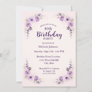 Invitation Rose Fleur de Lavande Aquarelle pour 80e Anniversa