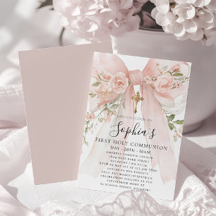 Invitation Rose Fleur Fille de la Première Communion au Ruban