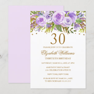 Invitation Rose Fleur Or Pourpre 30e Anniversaire