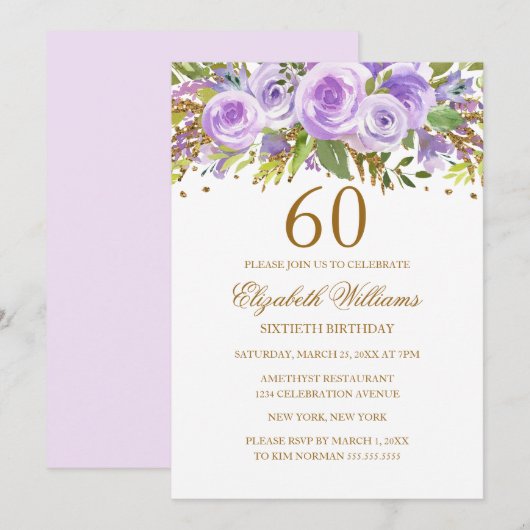 Invitation Rose Fleur Or Pourpre 60e Anniversaire (Devant / Derrière)