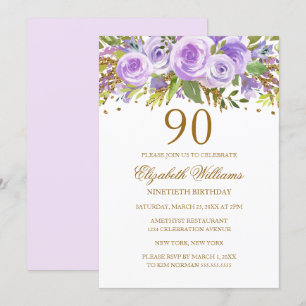 Invitation Rose Fleur Or Pourpre 90e Anniversaire