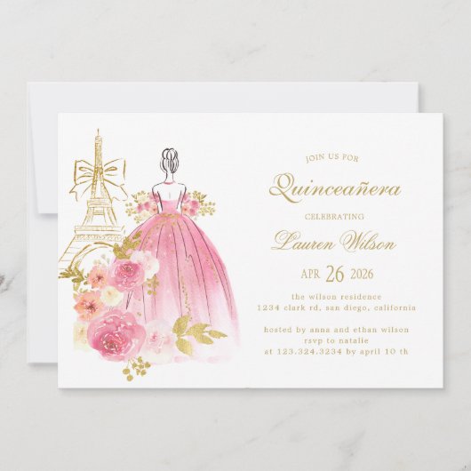 Invitation Rose Fleur Paris Chic Quinceanera (Devant)