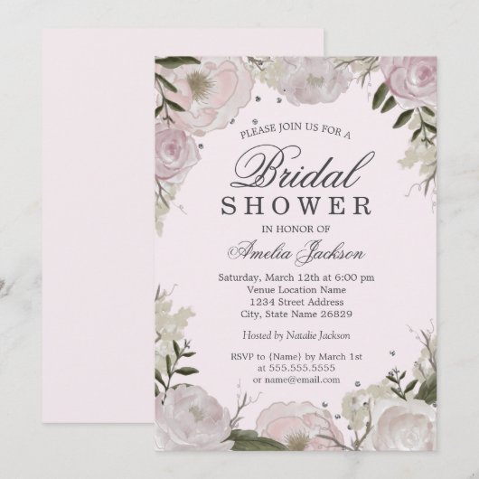 Invitation Rose Fleurale Argent Rose Mariage (Devant / Derrière)