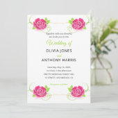 Invitation Rose Fleurale Mariage Rose Or Vert (Debout devant)