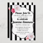 Invitation Rose Fleurale Noir et Blanc Inspirée de Paris (Devant / Derrière)