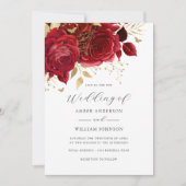 Invitation Rose Fleurale Or Rouge Mariage (Devant)