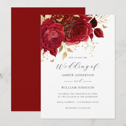 Invitation Rose Fleurale Or Rouge Mariage (Devant / Derrière)