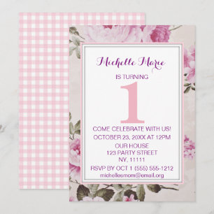 Invitation Rose Fleurie Ecossaise Rose Violet pour Premier An