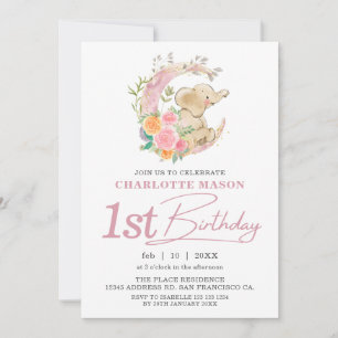 Invitation Rose Fleurie Élégante Fille Éléphant 1er Anniversa