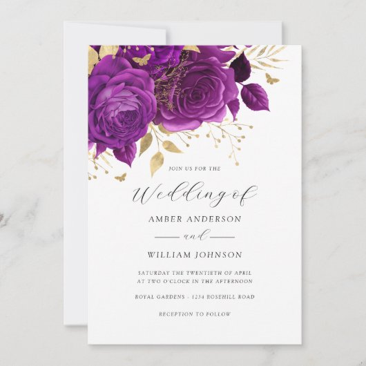 Invitation Rose Fleurie Or et Violet Mariage   (Devant)