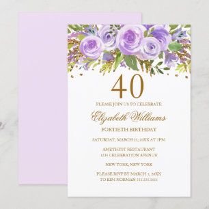 Invitation Rose Fleurie Or Pourpre 40e Anniversaire