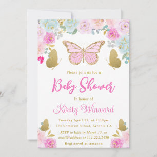 Invitation Rose. Fleurs bleues et dorées papillon Baby Shower