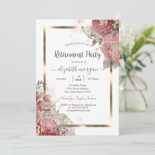 Invitation Rose Fleurs Or Frame Retraite (Debout devant)