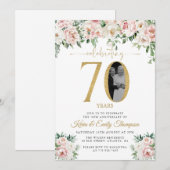 Invitation Rose Fleurs Rose Clair Photo 70e Anniversaire (Devant / Derrière)
