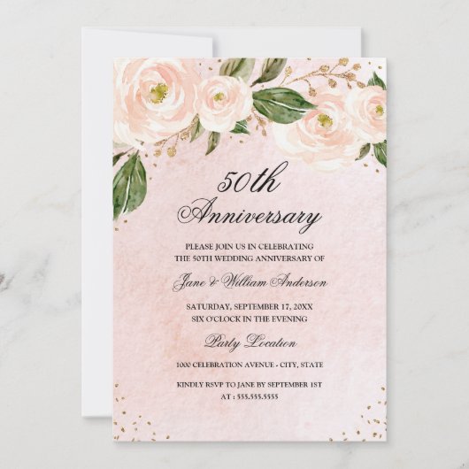 Invitation Rose Floral Anniversaire Gold Blush (Devant)
