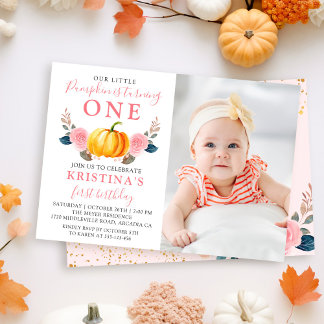Invitation Rose Floral Automne Citrouille 1er anniversaire Ph