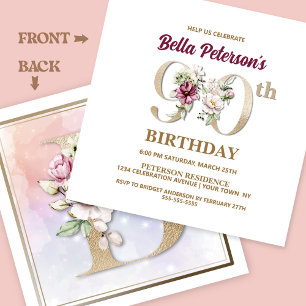 Invitation Rose Floral B 90e fête d'anniversaire