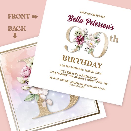 Invitation Rose Floral B 90e fête d'anniversaire