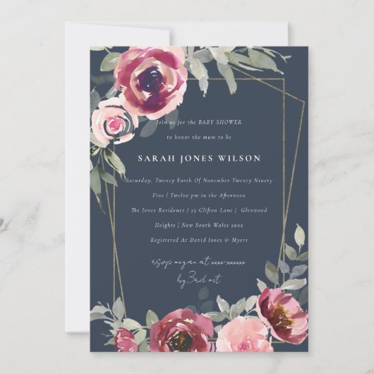 INVITATION ROSE FLORAL BABY SHOWER BURGUNDY MARINE (Devant)