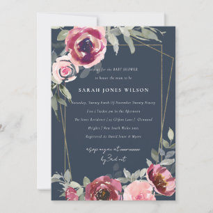 INVITATION ROSE FLORAL BABY SHOWER BURGUNDY MARINE