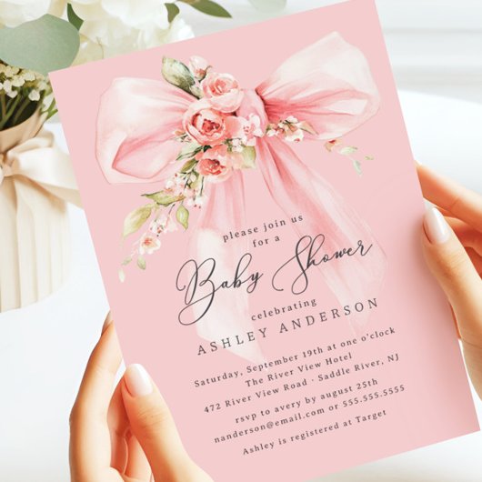 Invitation Rose floral Baby shower Coquette Bow