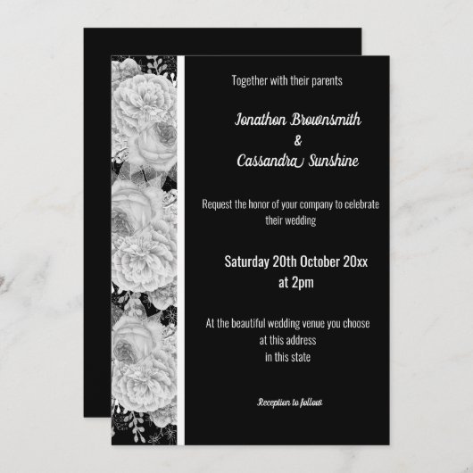 Invitation Rose FLORAL BLANC ARGENT NOIR TRIM MARIAGE BLANC (Devant / Derrière)