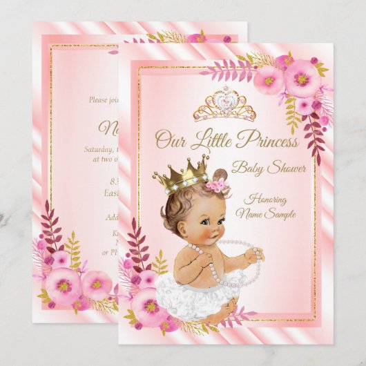 Invitation Rose Floral Blanc Princesse Baby shower Brunette (Devant / Derrière)